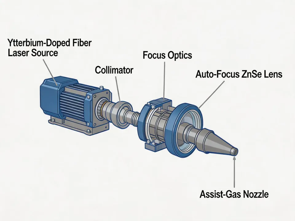 LVD fiber laser beam delivery and cutting head schematic